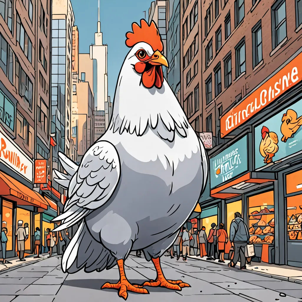 a cartoon of a chicken standing on a city street with buildings in the background and people walking around the street, context art, a comic book panel, Chris Ware, josan gonzales and dan mumford