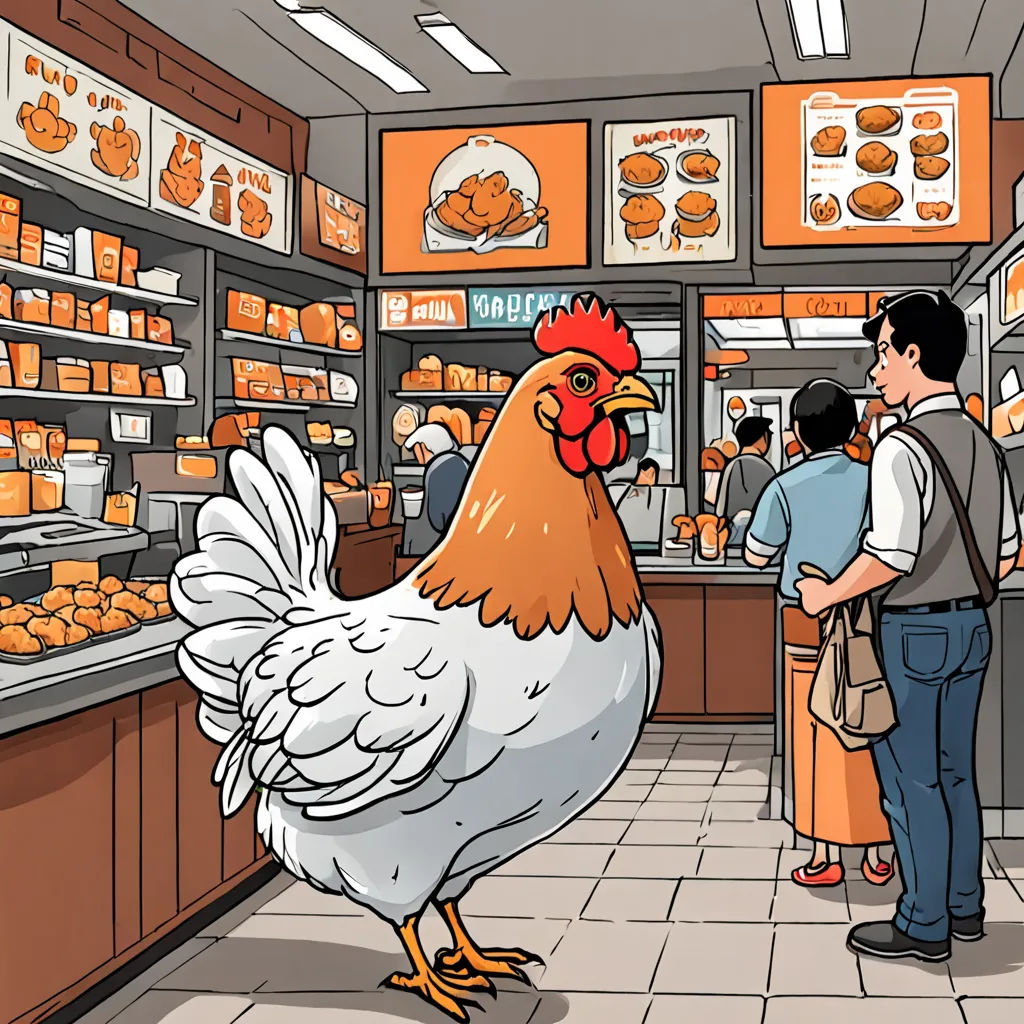 a chicken is standing in a store with people looking at it and a man is standing in front of the chicken, context art, a storybook illustration, Asaf Hanuka, storybook illustration