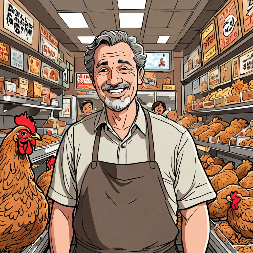 a man standing in a store with a bunch of chickens in the background and a cartoon of him smiling, context art, a storybook illustration, Art Spiegelman, highly detailed digital art