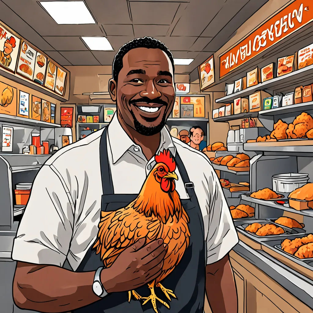 a man holding a chicken in a store with a shelf of food behind him and a shelf of bread behind him, symbolism, a storybook illustration, Derold Page, johnson ting