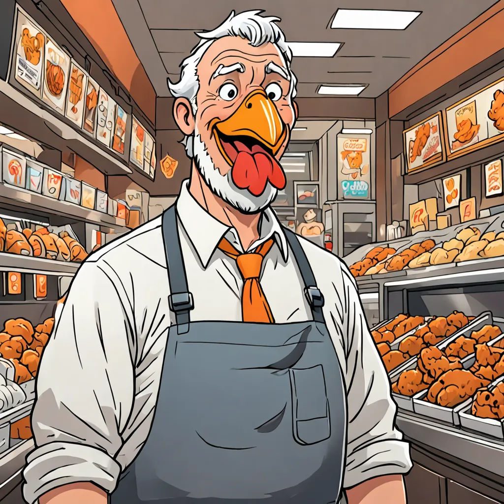 a man with a ducky face in a store with a bunch of food in the background and a cartoon of a man with a ducky face in a apron, furry art, a comic book panel, Asaf Hanuka, official art