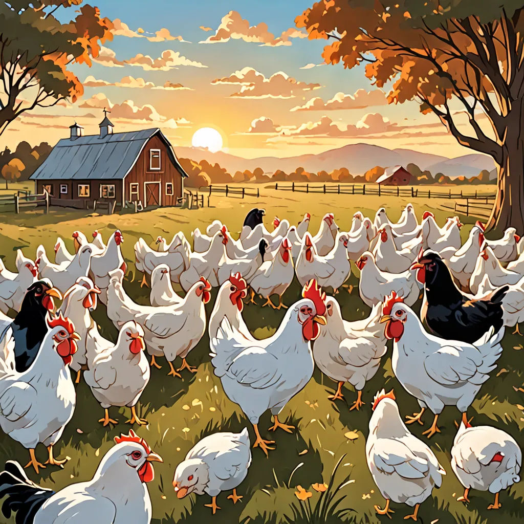 a large group of chickens in a field near a barn and a barn in the background with a sunset, american scene painting, a storybook illustration, Dan Mumford, detailed illustration
