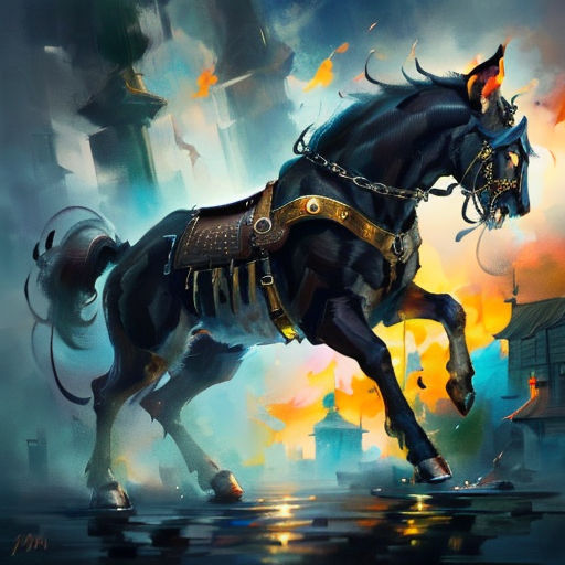 a horse with a harness running through a city street with flames in the background and a fire hydrant in the foreground
