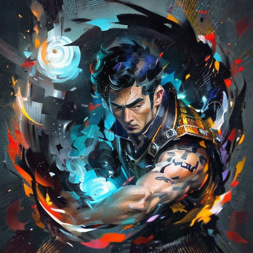 a man with a gun in his hand and a lot of paint splattered around him, with a black background