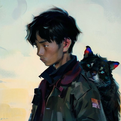 a painting of a man holding a cat on his shoulder and looking at his phone with a cat on his shoulder