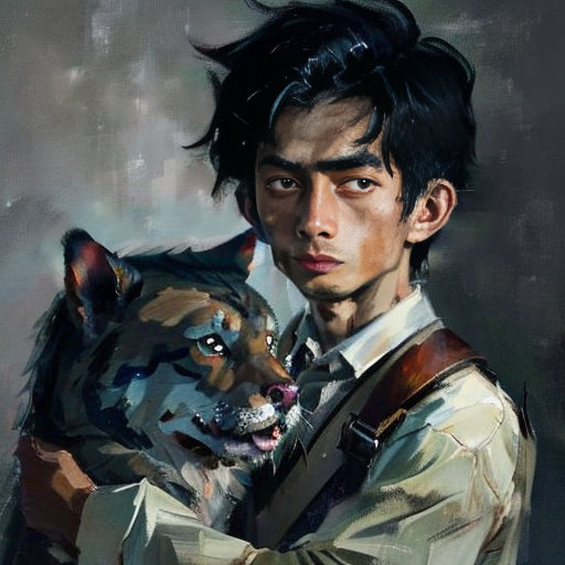 a man holding a wolf in his arms with a wolf on his shoulder and a wolf on his shoulder