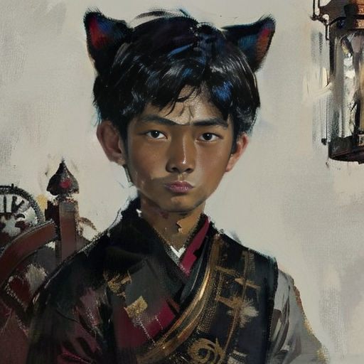 a painting of a young man with a cat's head on his head and a clock in the background