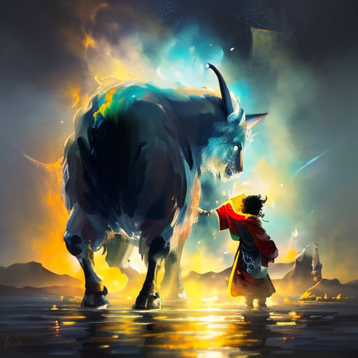 a painting of a person standing next to a bull with a fire in its mouth and a person standing next to it