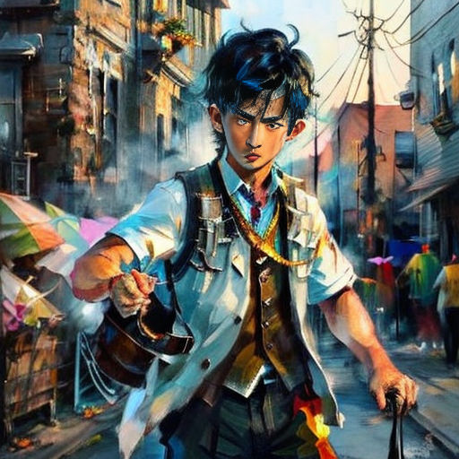 a painting of a man holding an umbrella in a city street with people walking by on the sidewalk and a man holding a bag
