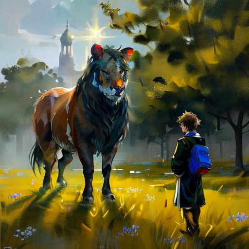 a painting of a boy and a lion in a field with trees and a church in the background,