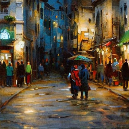 a painting of a city street with people walking around it at night time, with a few buildings and a few people walking around