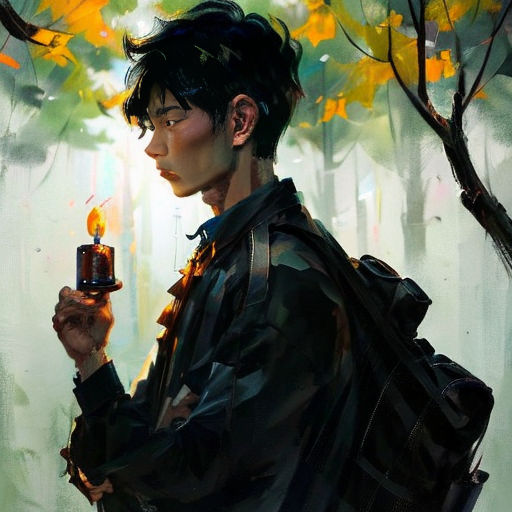 a man holding a candle in his hand in a forest with trees and leaves on the ground, in the background is a painting of a man with a black jacket and a black jacket