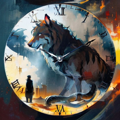 a painting of a wolf on a clock with a man standing in front of it and a city in the background
