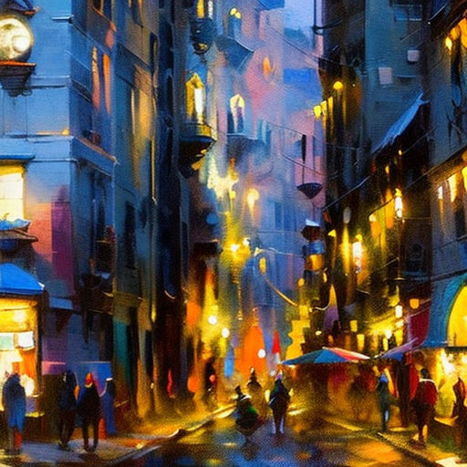 a painting of a city street at night with people walking on the sidewalk and a clock tower in the distance