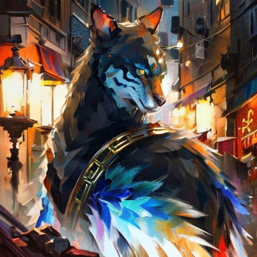 a painting of a cat in a costume on a city street at night with a street light in the background