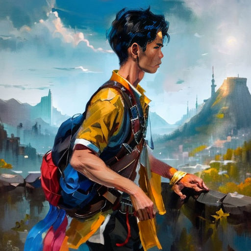 a painting of a man with a backpack and a backpack on his back, holding a cell phone in his hand