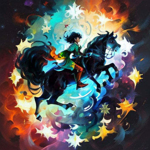 a painting of a woman riding a horse with stars around her and a star burst background behind her,