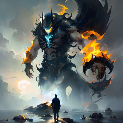 a man standing in front of a giant demon with flames on it's face and a huge body of fire in the background