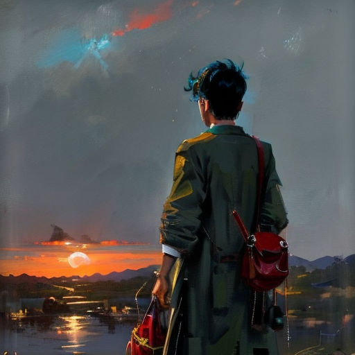 a painting of a person standing on a hill looking at a sunset over a lake with a bird flying overhead