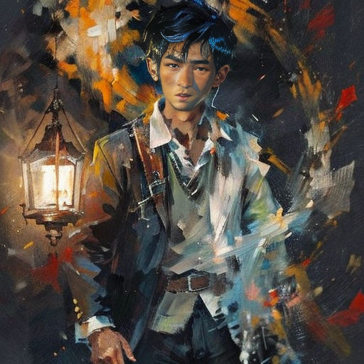 a painting of a man holding a lantern in his hand and a painting of a bird on his arm