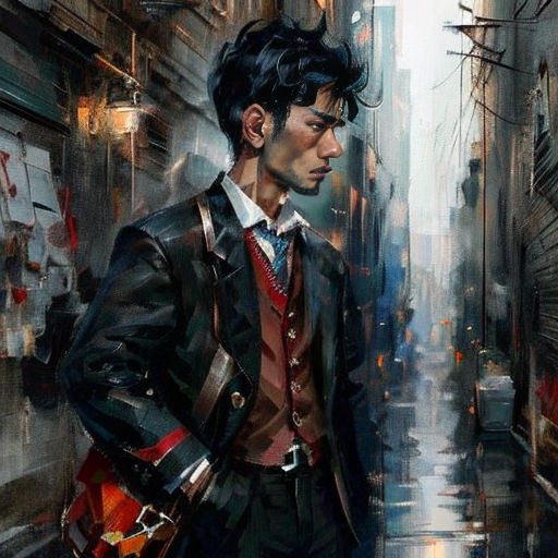 a painting of a man in a suit and tie standing in the rain in a city street with a red umbrella