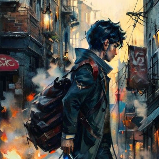 a man with a backpack walking down a street in a city with buildings and signs on it's sides