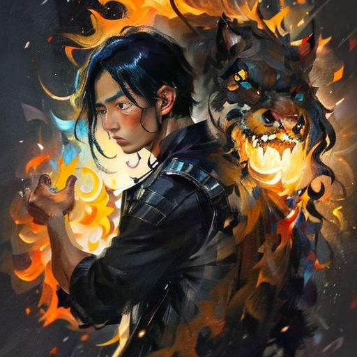 a man holding a fire ball next to a wolf on a black background with flames around him and a demon on the back