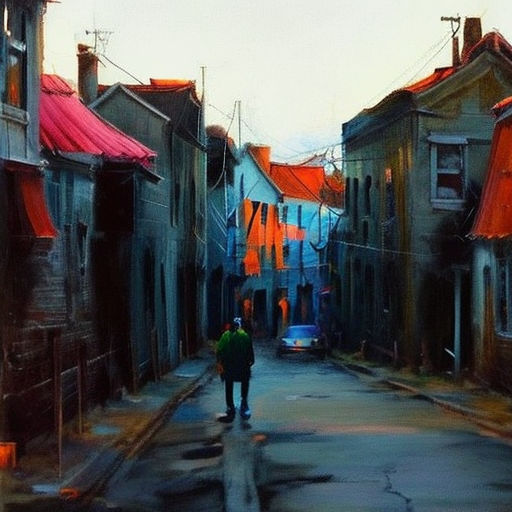 a man walking down a street next to tall buildings with red roofs and a car parked on the side of the street
