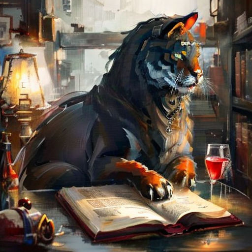 a cat sitting on a table with a book and a glass of wine in front of it, with a book open to the side