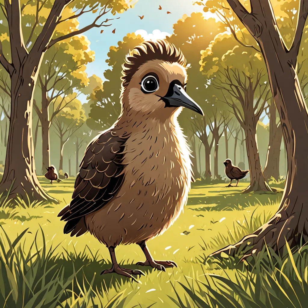 a bird standing in the grass near some trees and birds flying around it in the background is a forest, context art, a character portrait, Chris LaBrooy, book cover