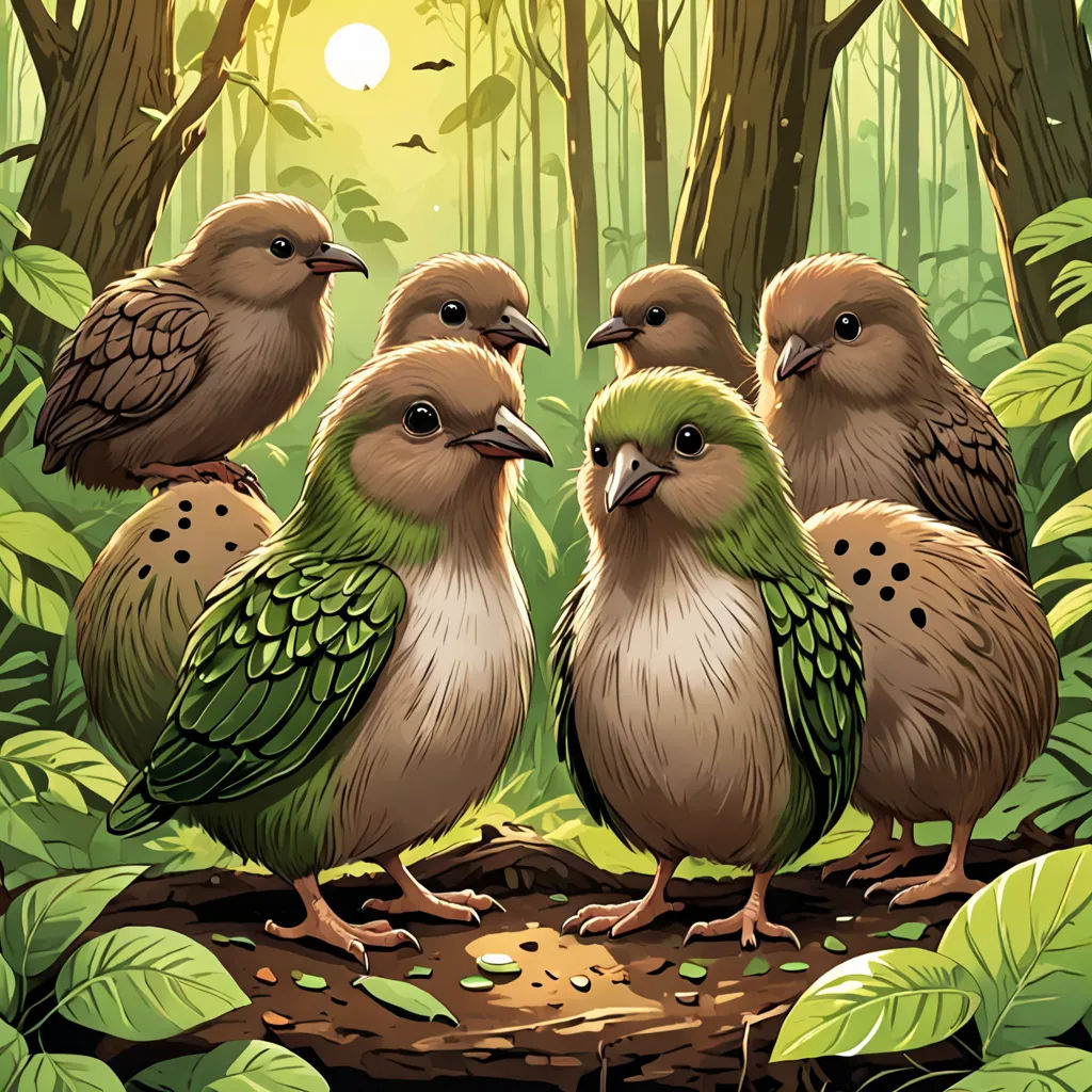 a group of birds sitting on a log in the forest with leaves around them and a sun shining in the background, altermodern, a detailed painting, Chris LaBrooy, birds