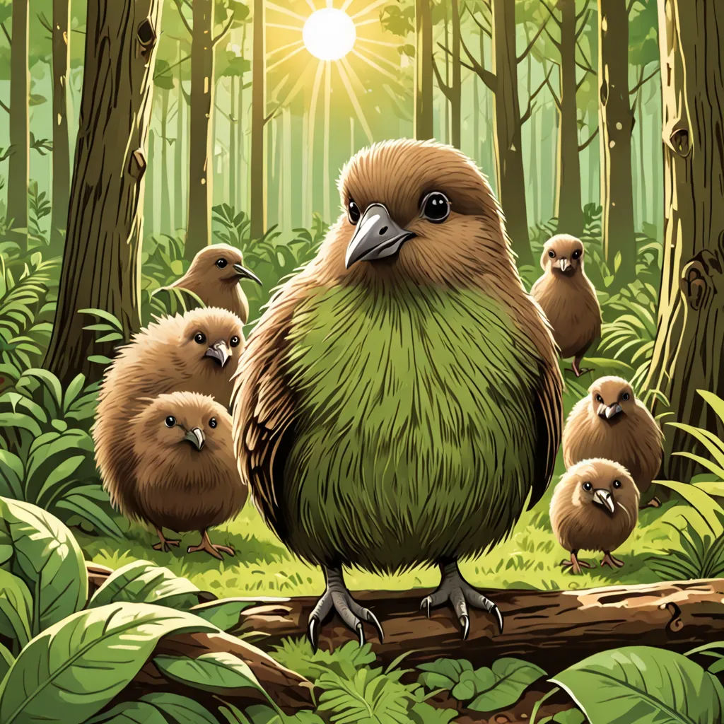 a bird with a group of birds in the background of a forest with trees and ferns, and a sun shining in the distance, environmental art, a storybook illustration, Chris LaBrooy, birds