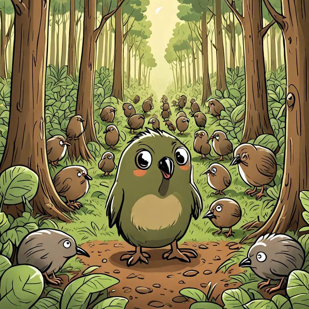 a bird standing in the middle of a forest filled with birds and trees, with a path leading to it, sots art, a storybook illustration, Chris LaBrooy, birds