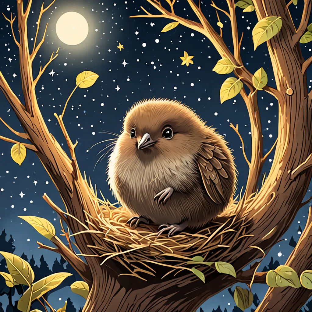 a bird sitting on top of a tree branch under a full moon filled sky with stars and leaves on it, space art, a storybook illustration, Chris LaBrooy, storybook illustration