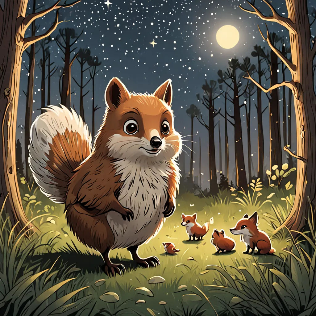 a fox and her cubs in the woods at night with the moon in the sky above them and stars in the sky, space art, a storybook illustration, Dan Mumford, storybook illustration