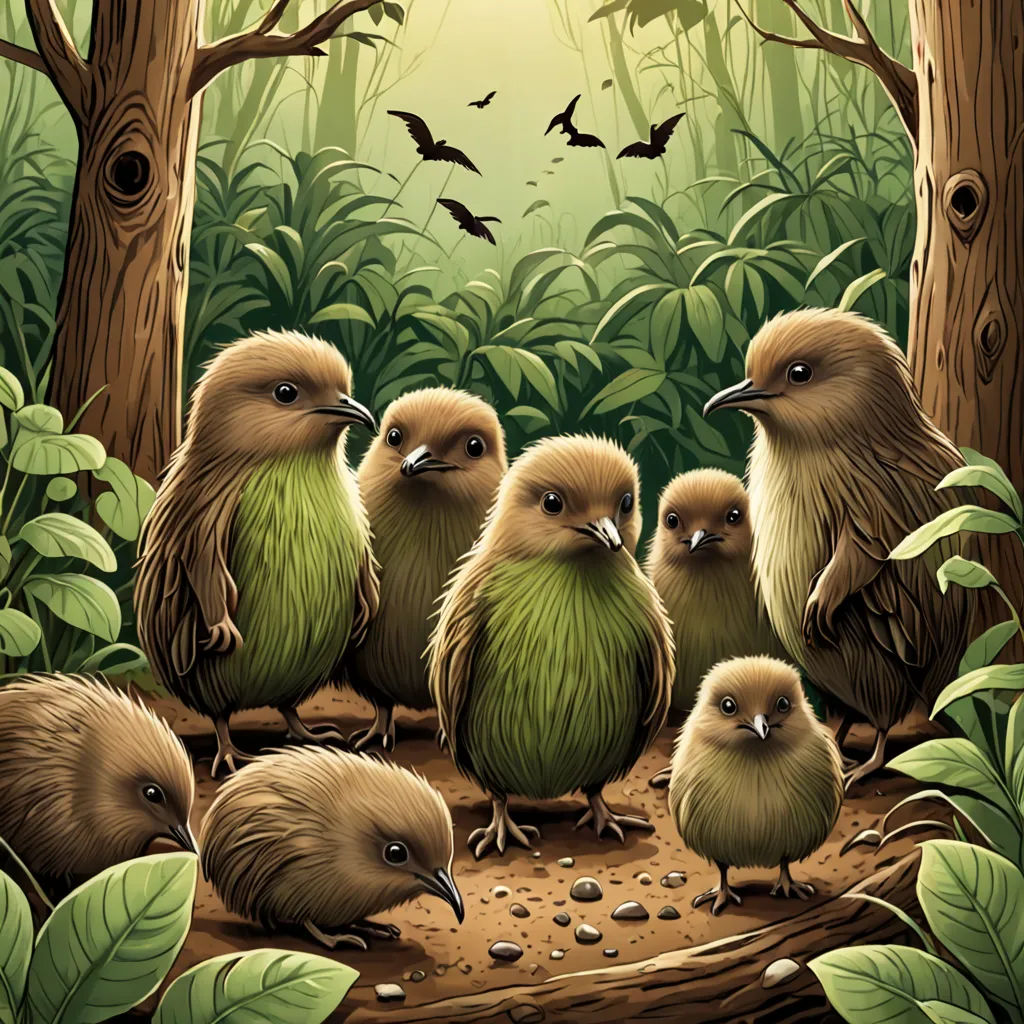 a group of birds sitting on a log in a forest with bats flying overhead and a sun shining through the trees, fantasy art, an illustration of, Chris LaBrooy, birds
