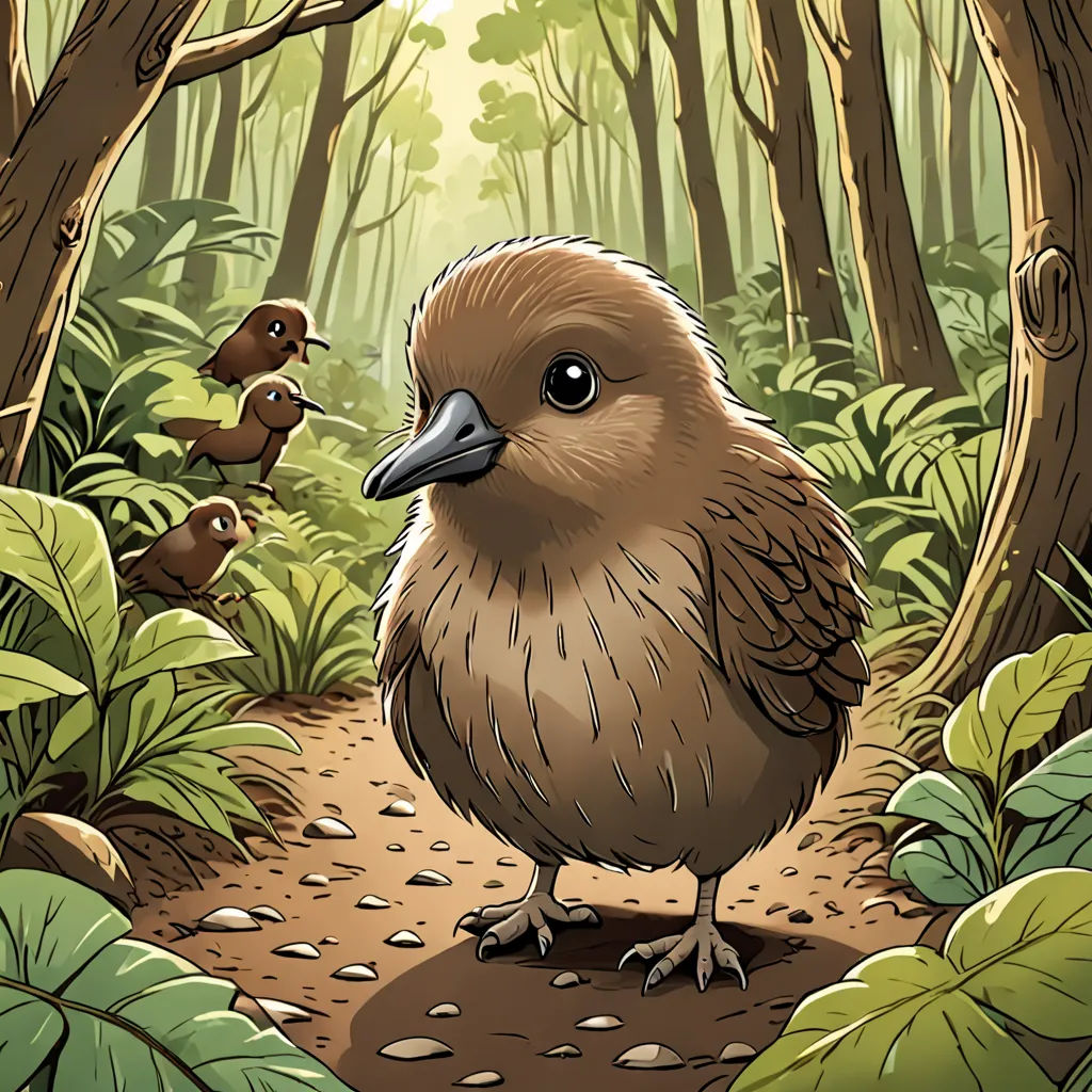 a bird standing on a dirt path in a forest with other birds in the background and a sunbeam, sots art, a storybook illustration, Dan Mumford, storybook illustration