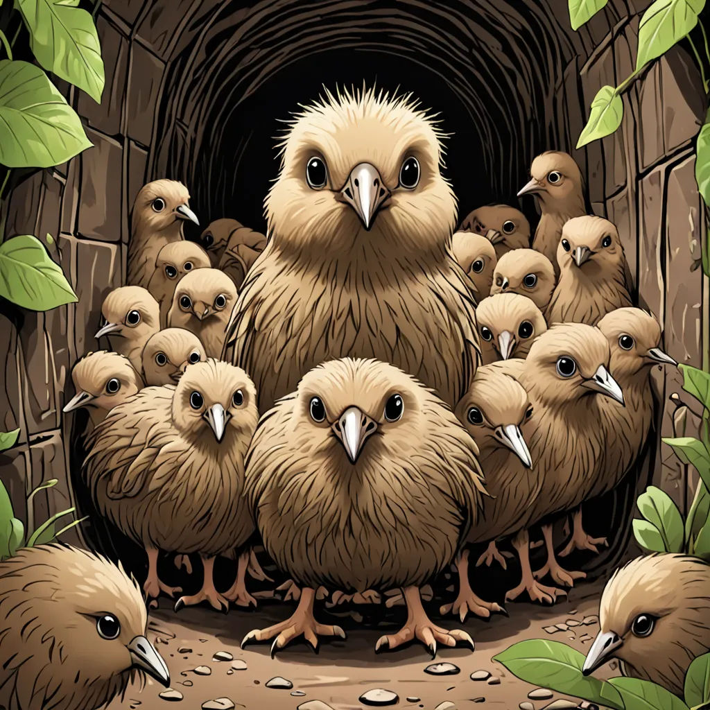 a group of birds standing in a tunnel with leaves around them and a bird with a beak on its head, underground comix, a storybook illustration, Colin Middleton, birds