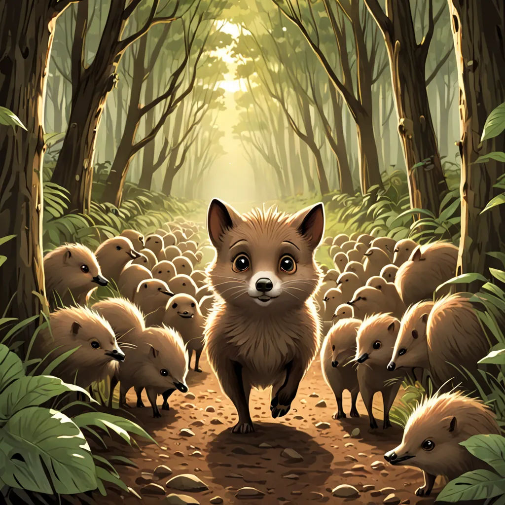 a fox is walking through a forest with many other animals in it's path, and a light shining through the trees, furry art, a storybook illustration, Chris LaBrooy, furaffinity