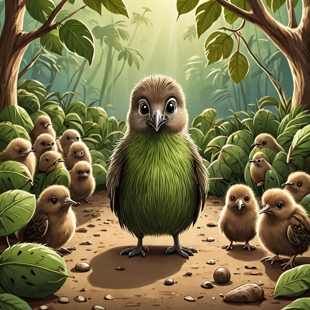 a group of birds standing in a forest with a baby bird in the foreground and a larger bird in the background, sots art, a storybook illustration, Chris LaBrooy, birds