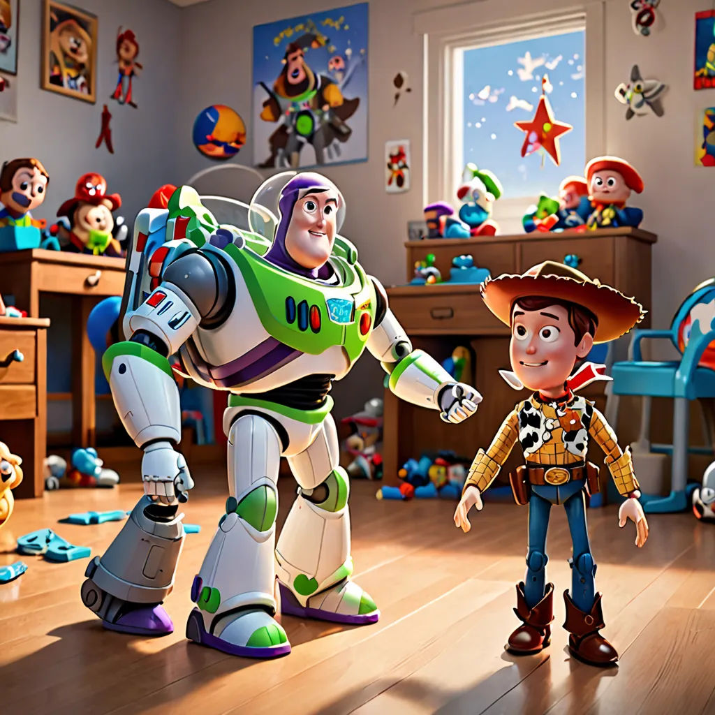 a toy story scene with toy buzz and woody the space cowboy in the background and toy story characters in the foreground, photorealism, a 3D render, Edward George Handel Lucas, pixar and disney animation