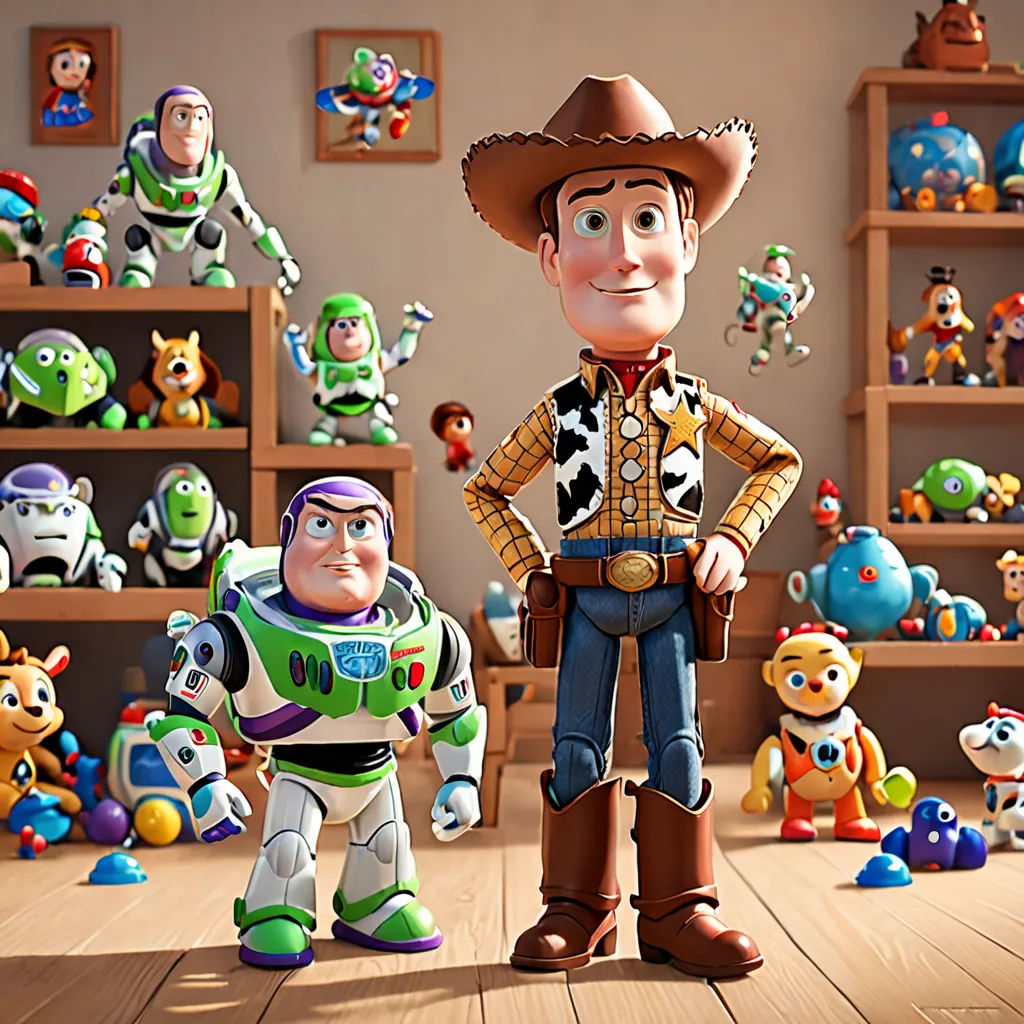 a toy story scene with toy story characters in the background and toy story characters in the background, with shelves of toys in the background, figurativism, poster art, Edward George Handel Lucas, pixar and disney animation