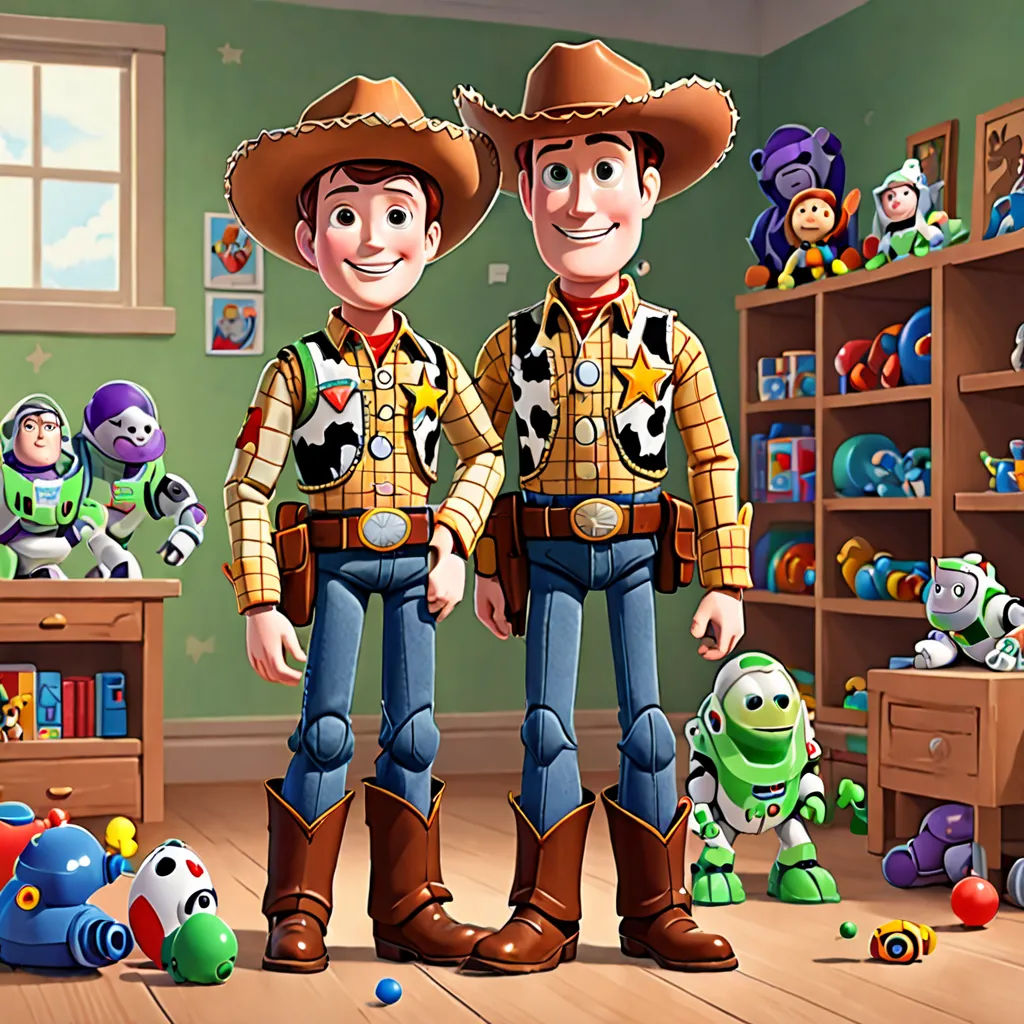two toy story characters standing in a toy store with toys in the background and a toy story book shelf, sots art, concept art, Andries Both, pixar and disney animation