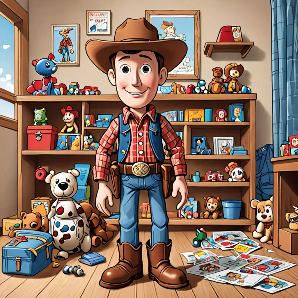 a cartoon character standing in a room with toys and books on the floor and a bookcase with teddy bears, lyco art, a character portrait, Chris LaBrooy, pixar and disney animation