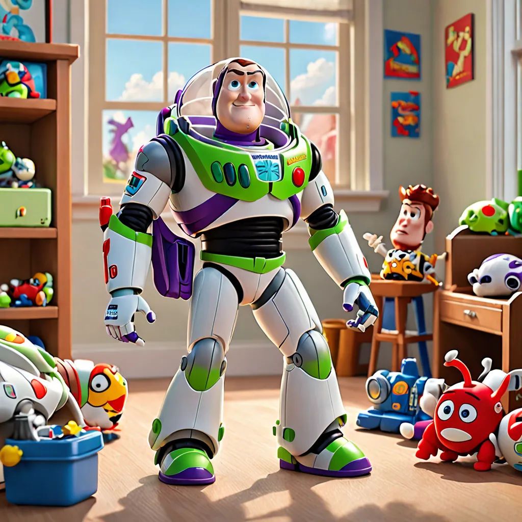 a toy story scene with buzz lightyear and toy story characters in the background, and a toy story book shelf, plasticien, an ambient occlusion render, Edward George Handel Lucas, pixar and disney animation
