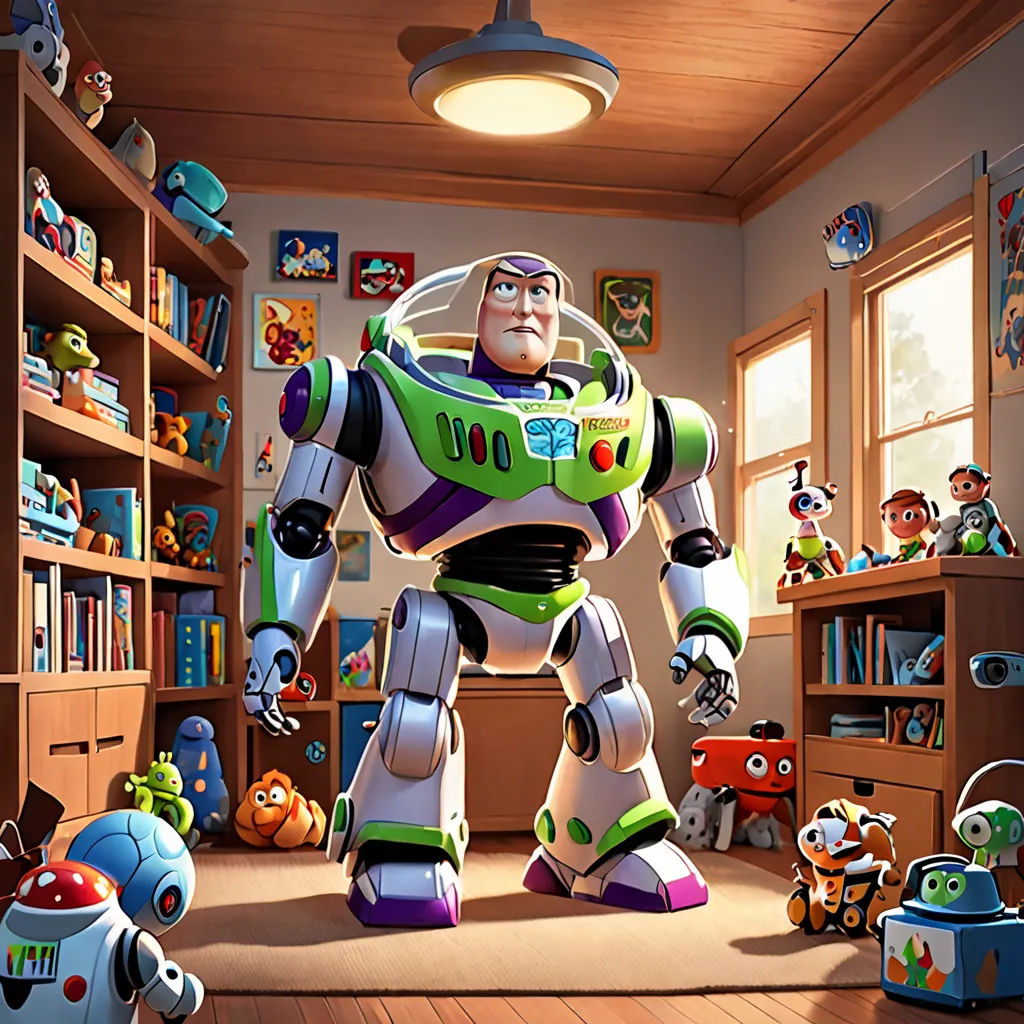 a cartoon character standing in a room with toys around him and a book shelf full of books and toys, photorealism, poster art, Adrian Zingg, pixar and disney animation