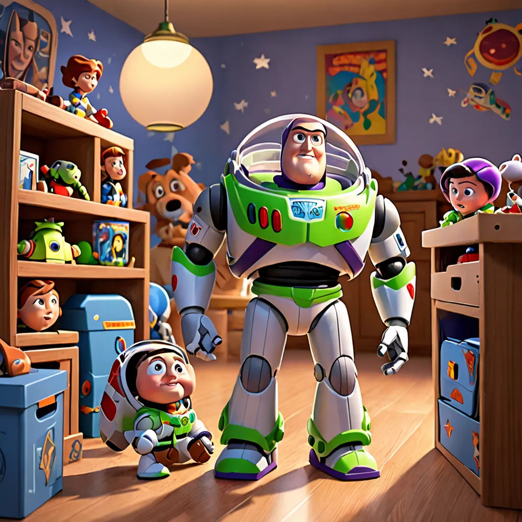a toy story scene with buzz and buzz the spaceman and buzz the dog in the room with the toy story, sots art, poster art, Edward George Handel Lucas, pixar and disney animation