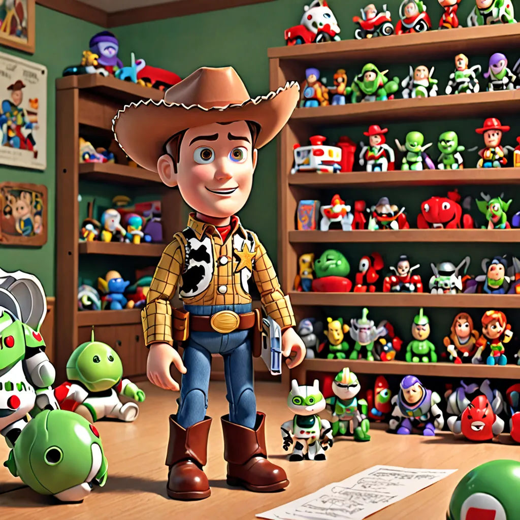 a toy store with a toy man and many toys on shelves and a table with a toy gun and toy, pop surrealism, a character portrait, Andries Stock, pixar and disney animation