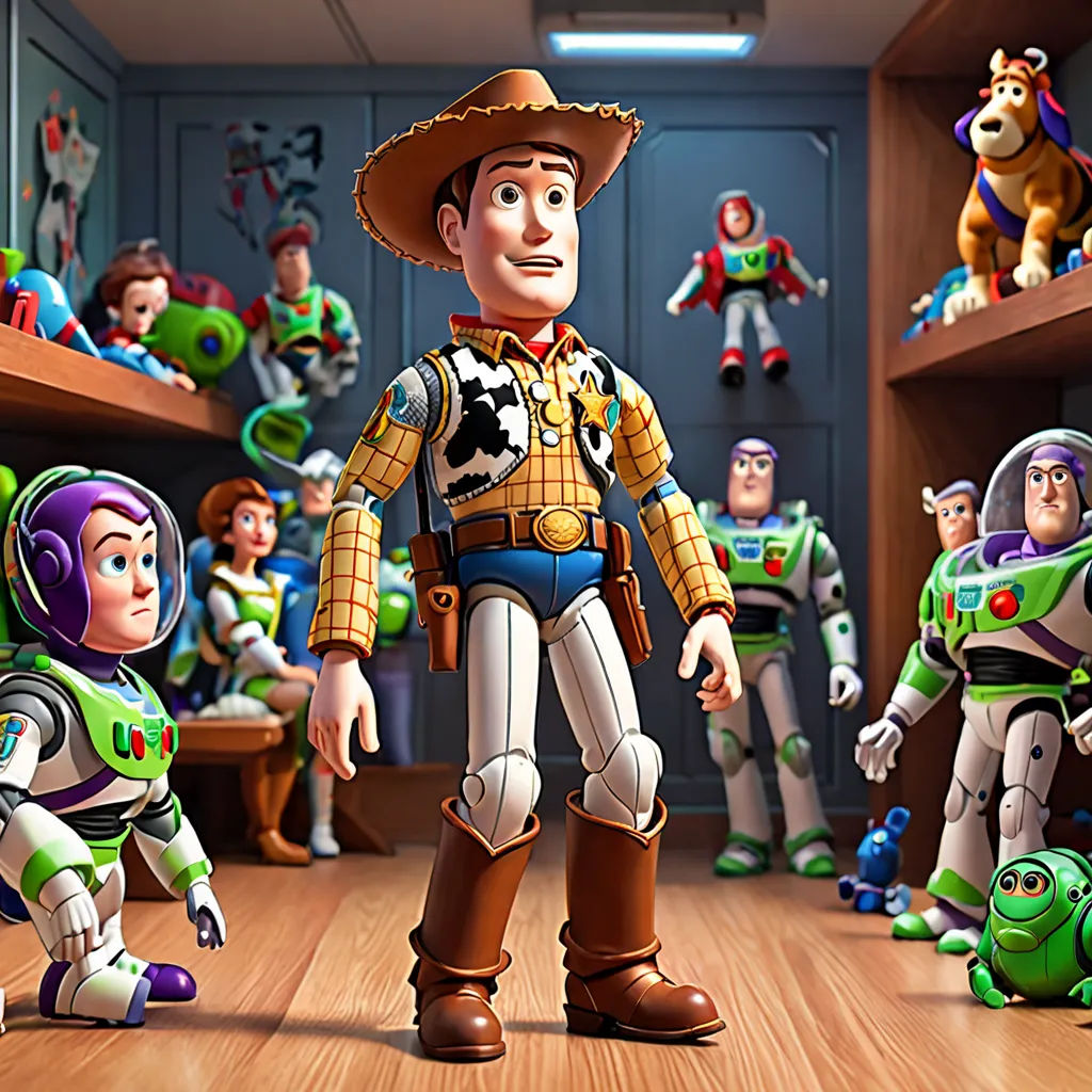 a toy story scene with toy story characters in the background and toy story characters in the foreground, and toy story characters in the background, figurativism, a 3D render, Edward George Handel Lucas, pixar and disney animation
