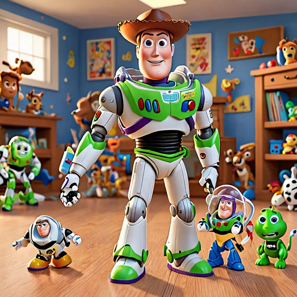 a toy story scene with buzz lightyear and buzz lightyear characters in the background and a toy story book shelf, figurativism, a 3D render, Edward George Handel Lucas, pixar and disney animation